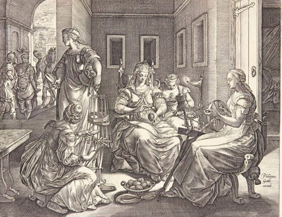 Lucretia spinder med sine hofdamer by Hendrick Goltzius