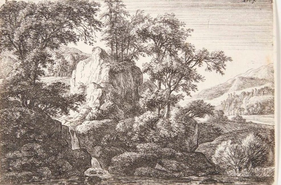 Landskab med et vandfald by Anthonie Waterloo