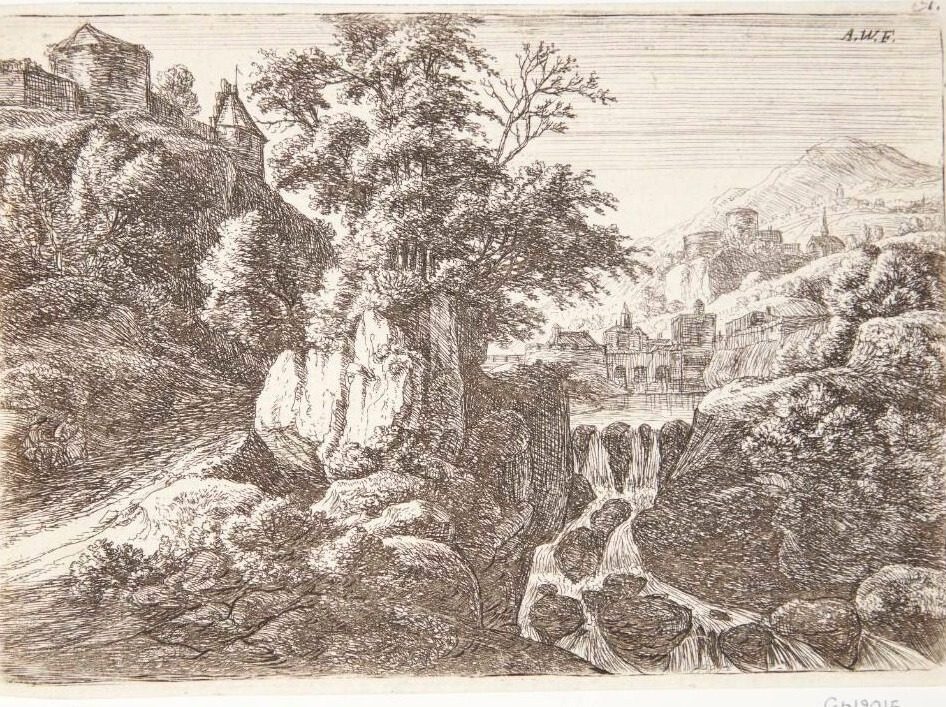 Landskab med et vandfald, i baggrunden en bebyggelse by Anthonie Waterloo