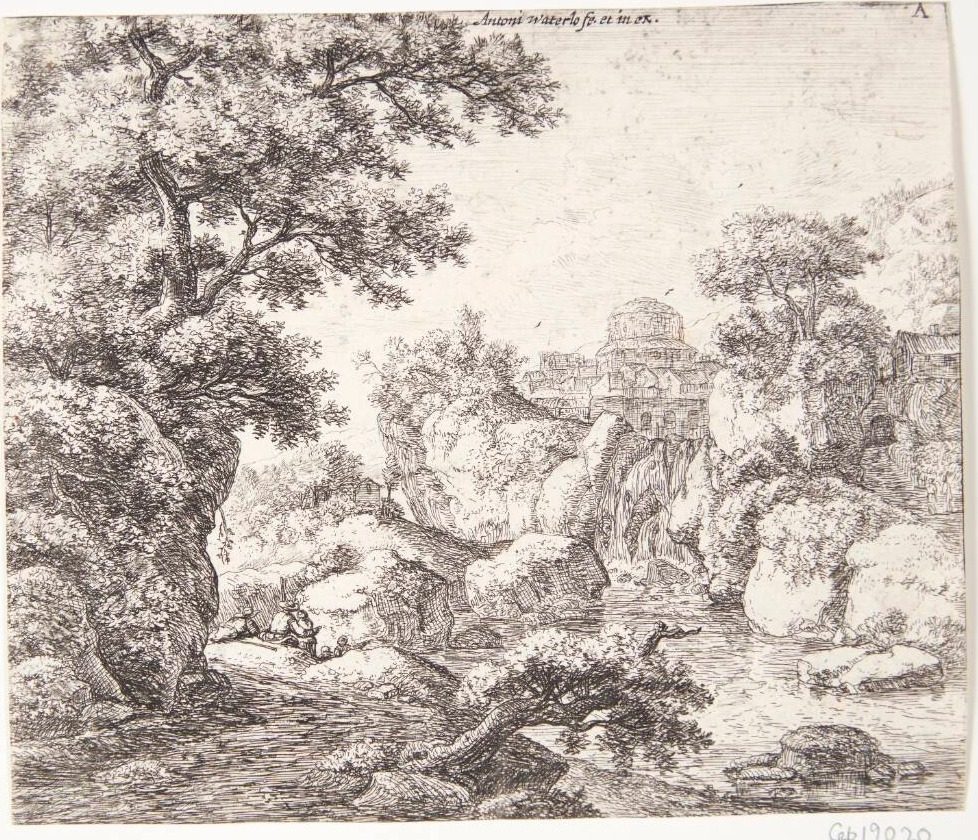 Flodleje, i baggrunden en by by Anthonie Waterloo