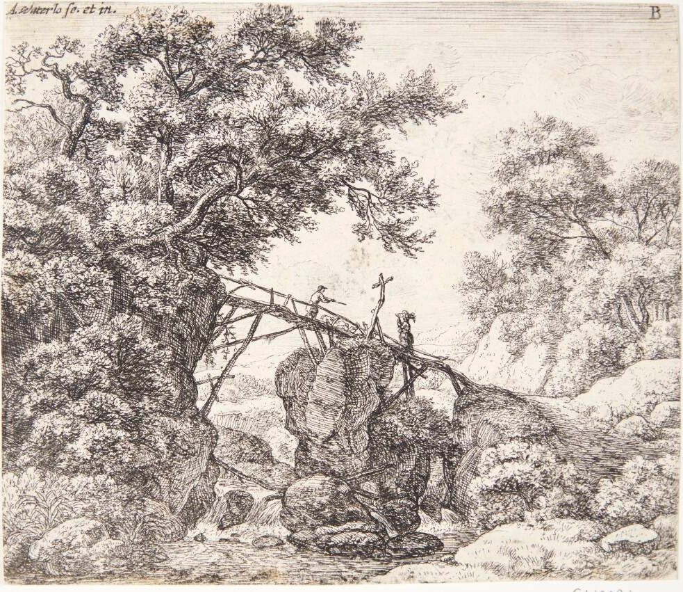Hyrde på en hældende træbro by Anthonie Waterloo