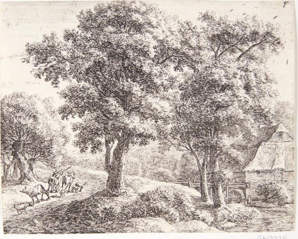 Landskab med hyrde og kvæg, t.h. en vandmølle by Anthonie Waterloo