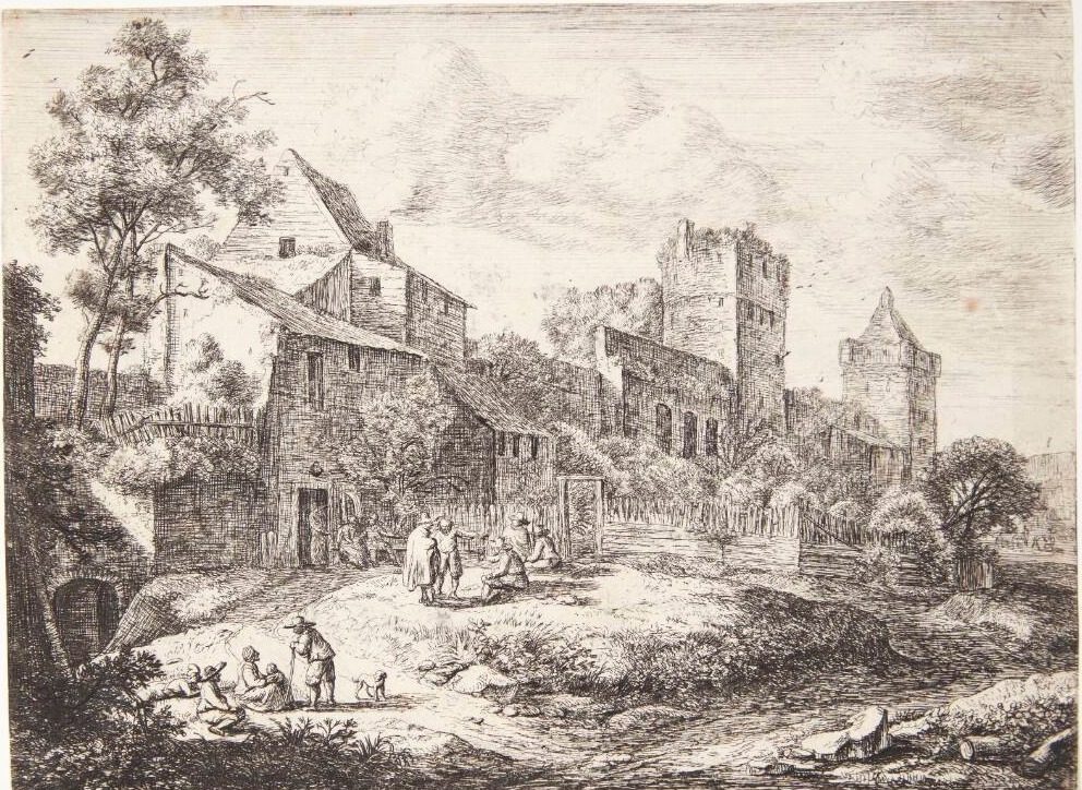 Forsamling ved en en landevejskro by Anthonie Waterloo