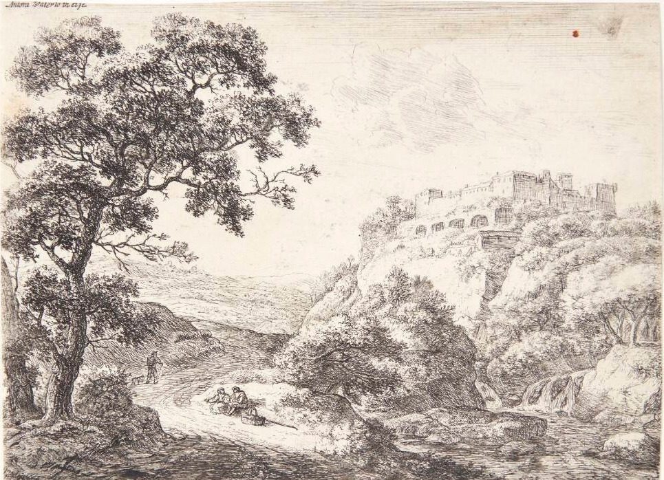 Landevej med en vejfarende, der gør holdt by Anthonie Waterloo