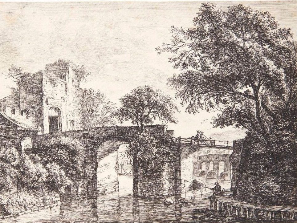 Stenbro over en flod by Anthonie Waterloo