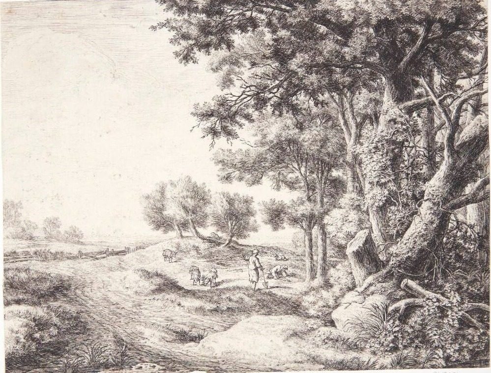 Skovbryn med bønder og kvæg by Anthonie Waterloo