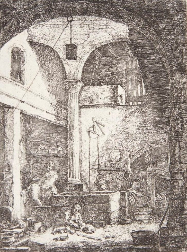 Kokke ved en brønd i en gårdhave by Thomas Wijck