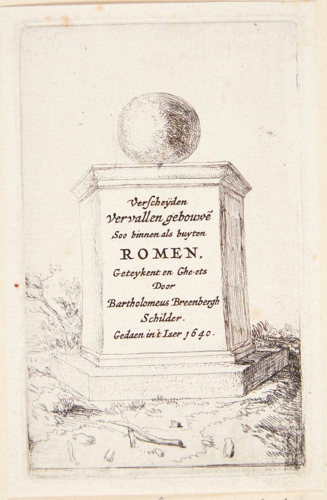 Sokkel med en kugle. Titelblad til "Romerske ruiner" by Bartholomeus Breenbergh