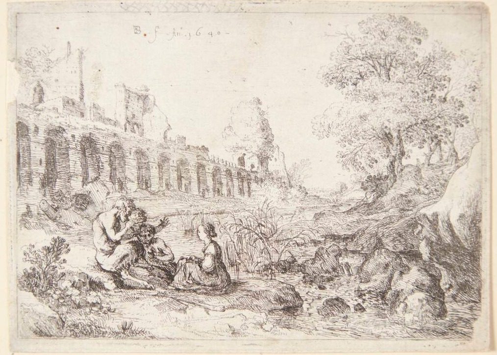 Nymfen Korsika siddende med tre satyrer by Bartholomeus Breenbergh
