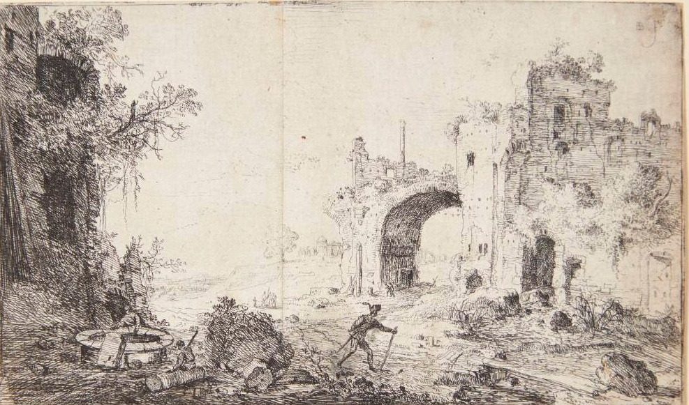 Caracallas termer, i forgrunden en budbringer med vandrestav by Bartholomeus Breenbergh