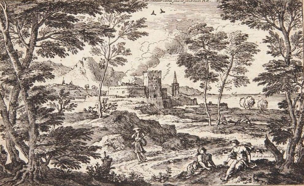 Landskab med en borg, i forgrunden tre kvinder by Adriaen van der Kabel