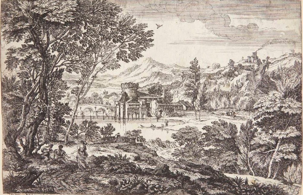 Landskab med en mand og to kvinder under et træ by Adriaen van der Kabel