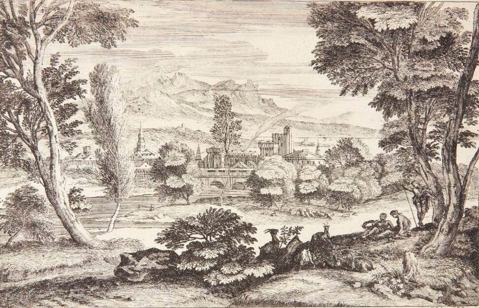 Landskab med tre hyrder by Adriaen van der Kabel