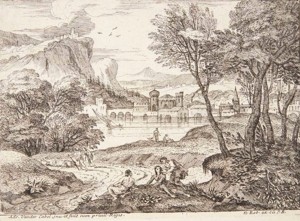Landskab med tre kvinder siddende i skyggen af et træ by Adriaen van der Kabel