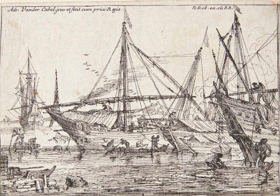 Landskab, i forgrunden et liggende par, der konverserer by Adriaen van der Kabel