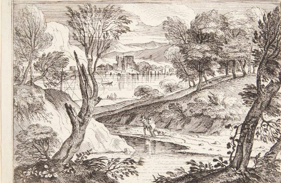 Landskab, i forgrunden tre vejfarende, der gør holdt by Adriaen van der Kabel