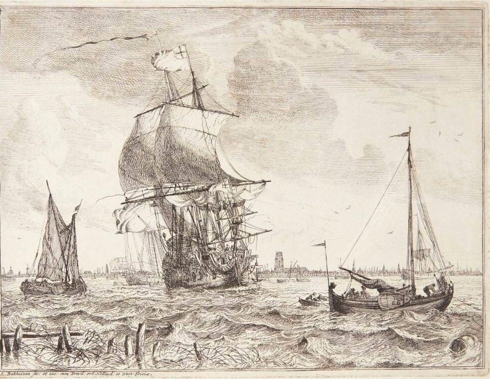 Orlogsfartøj og sejlskibe ud for den hollandske kyst by Ludolf Bakhuizen
