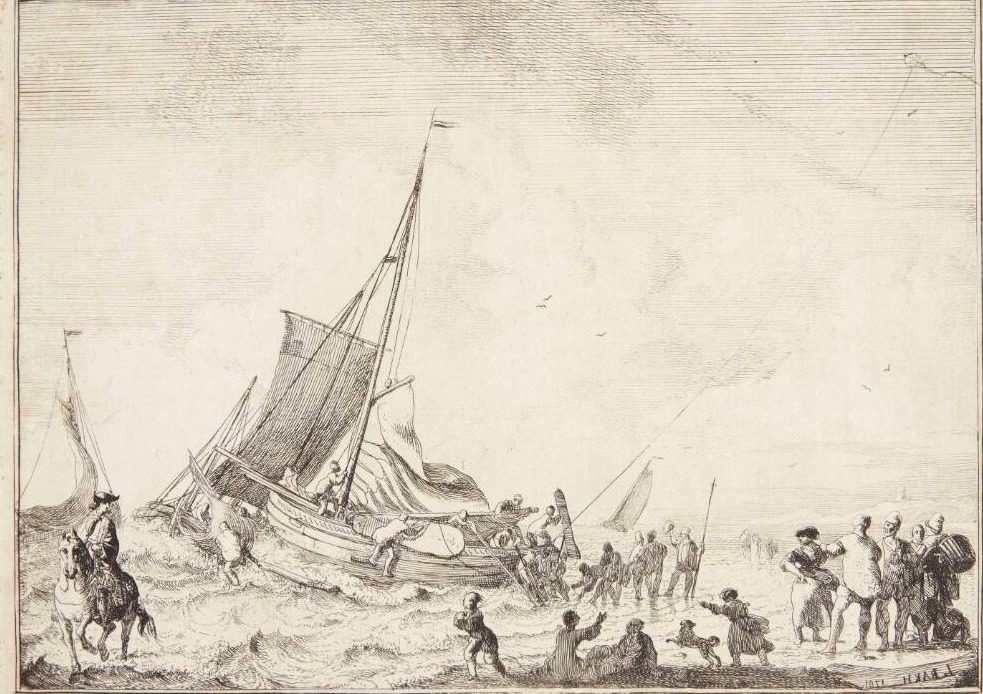 Sejlbåd, der står ud fra en hollandsk strand by Ludolf Bakhuizen