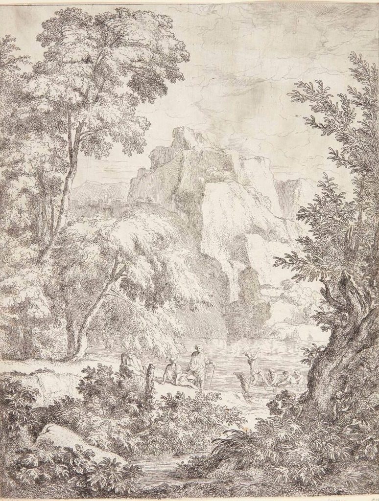 Bjerglandskab med en færgebåd by Abraham Genoels