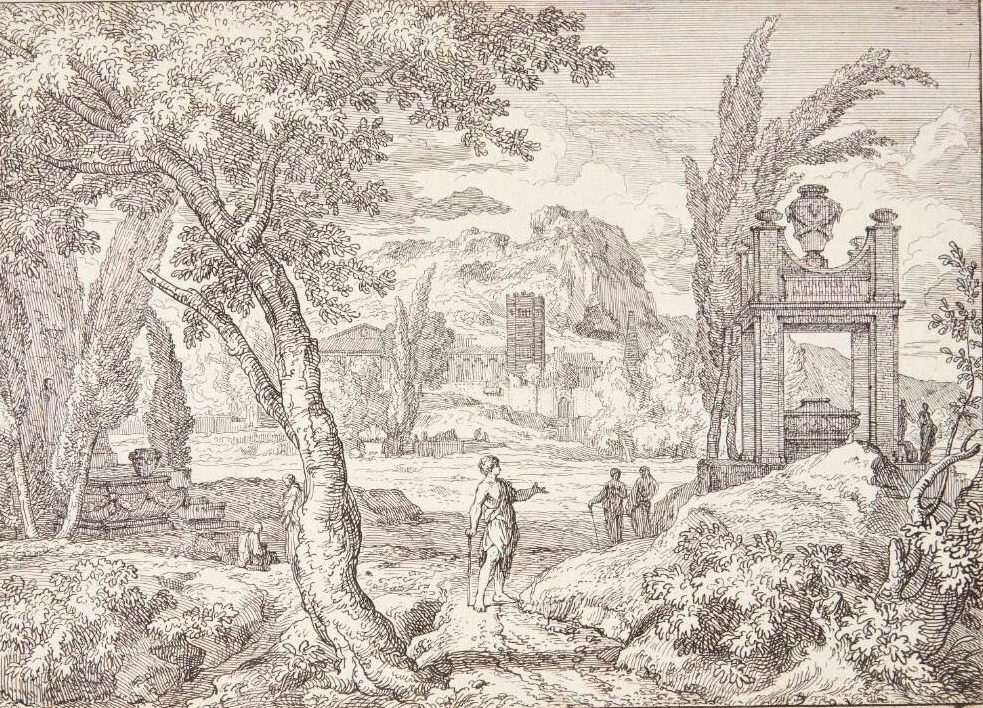 Arkadisk landskab med et mausoleum by Abraham Genoels