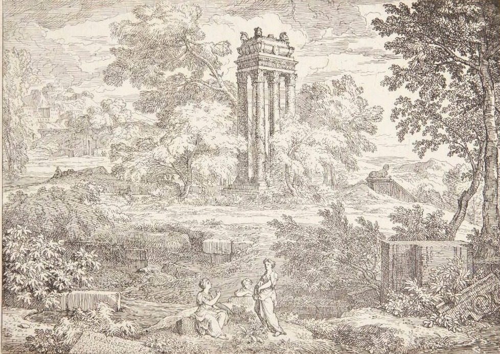 Arkadisk landskab med et mausoleum med seks søjler by Abraham Genoels