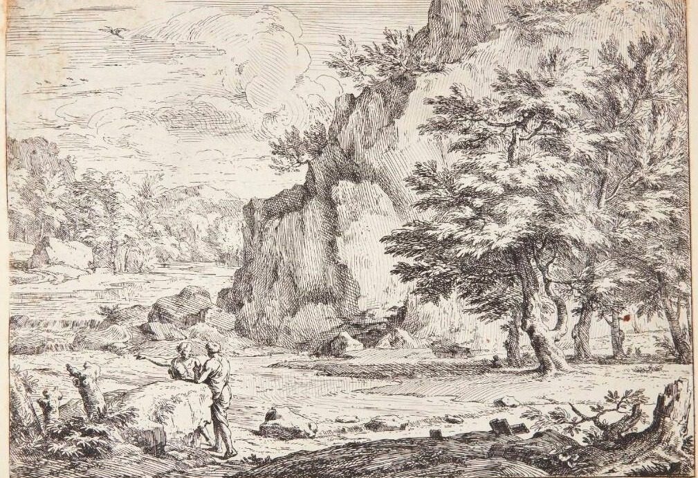 Klippefyldt landskab, i frigrunden to figurer by Abraham Genoels