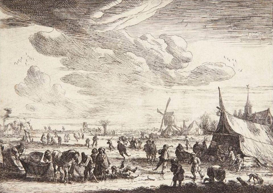 Vinterlandskab med slæder og skøjteløbere på en kanal by Pieter Bout