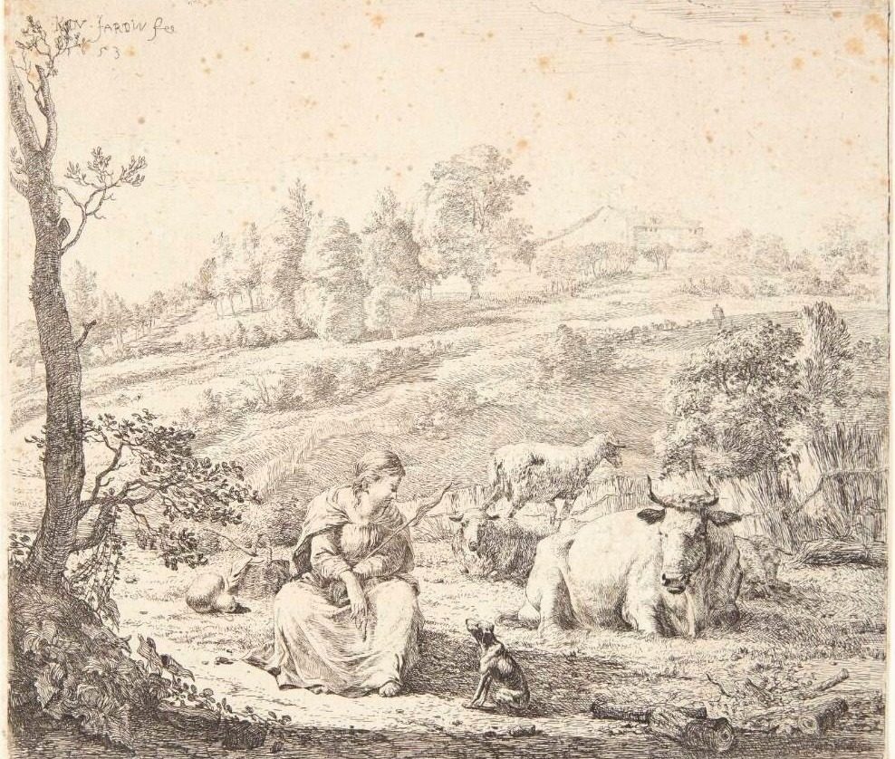 Hyrdinde, som taler med sin hund by Karel Du Jardin