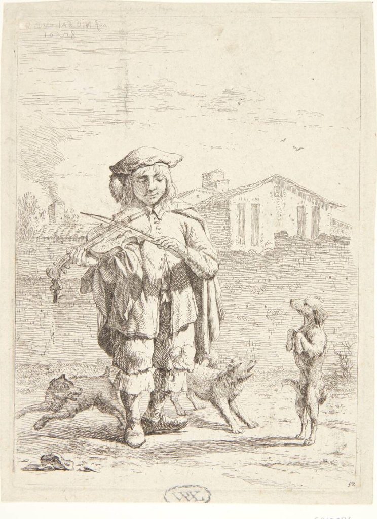 Fiolspiller med tre hunde. "Savoyarden" by Karel Du Jardin