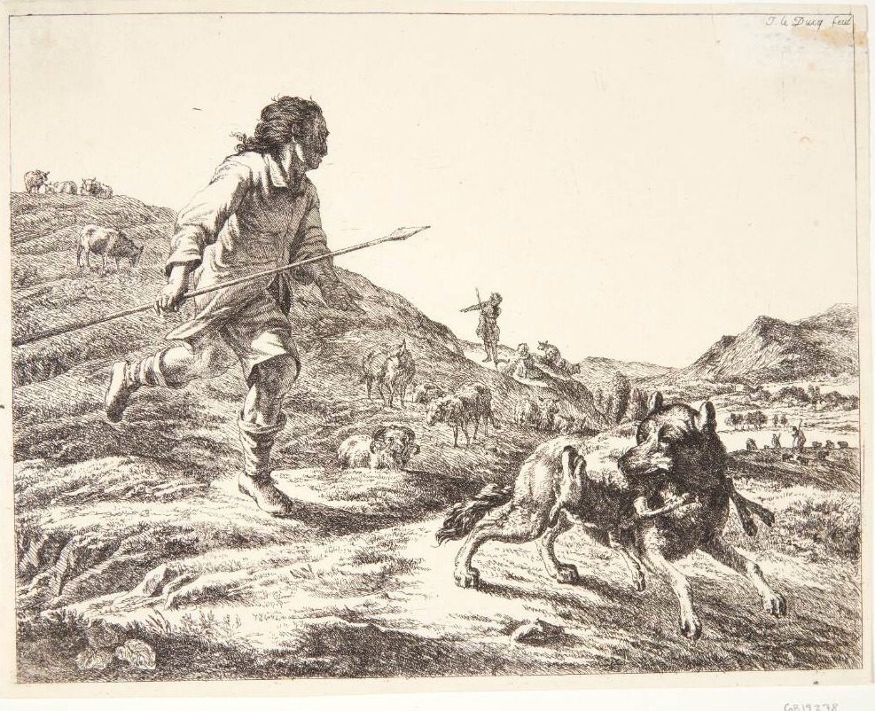 Hyrde, der jager en ulv, som har taget et lam by Johan le Ducq