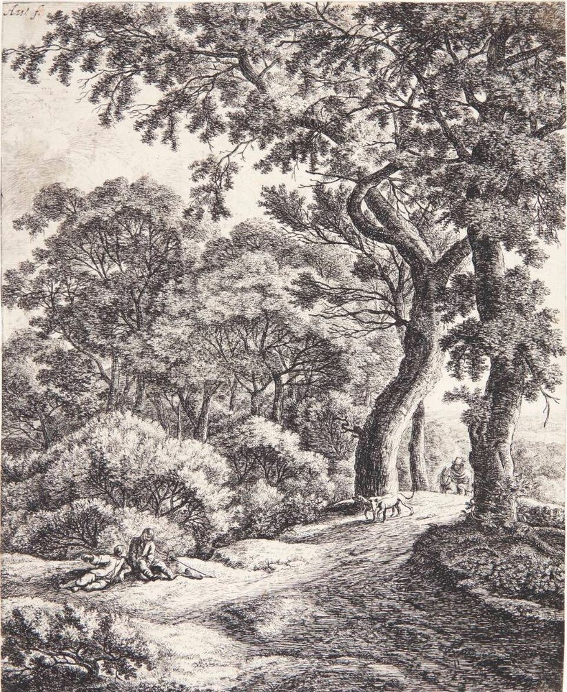 To vejfarende, der gør holdt i en skov by Anthonie Waterloo