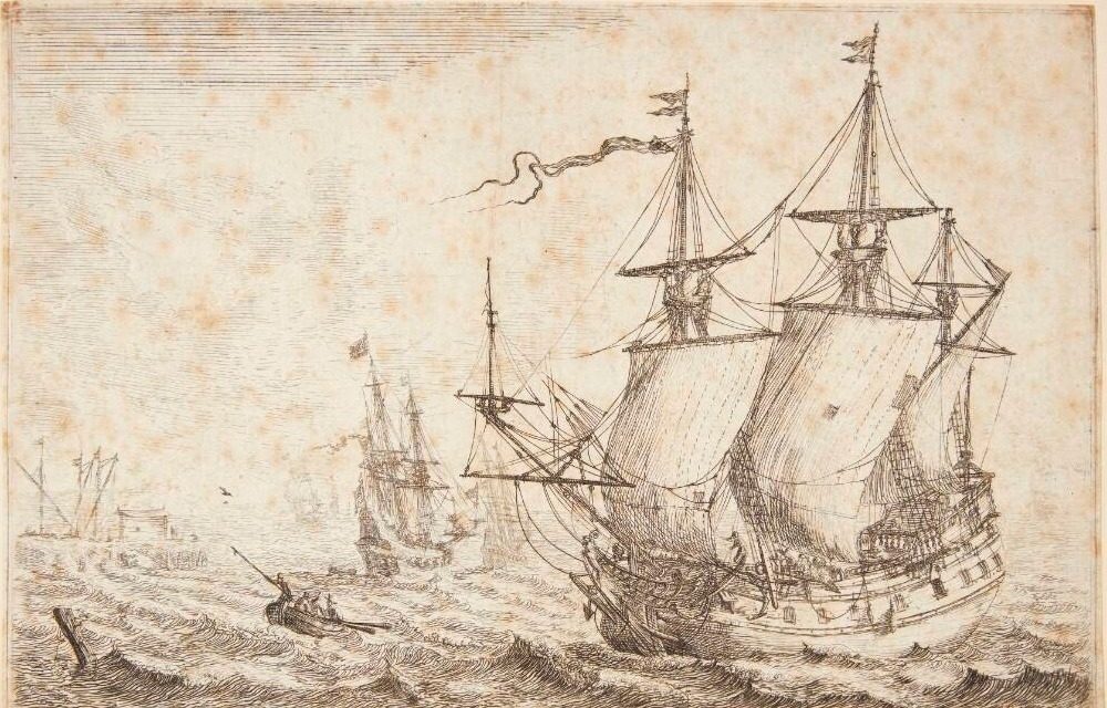 Orlogsfartøjer nær et værft by Reinier Zeeman