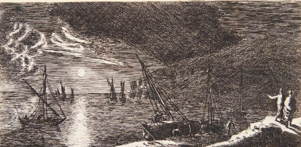 To færgebåde (steigerschuiten), i baggrunden et orlogsfartøj by Reinier Zeeman