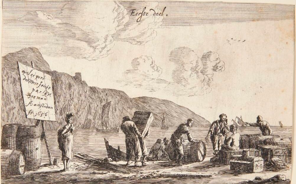 Søfolk på en kaj. Titelblad til "Forskellige havne". by Reinier Zeeman