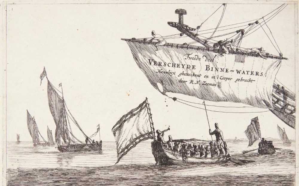Chalupper og sejlbåde på stille vand. Titelblad til Indre farvande (Verscheyde Binne-Waters)" by Reinier Zeeman