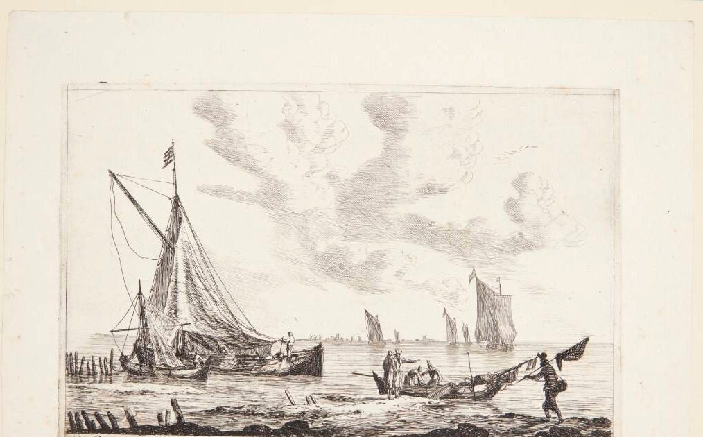 Fiskere og fiskerbåde ved en strand by Reinier Zeeman