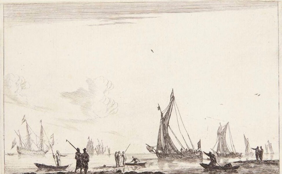 Både for sejl og et orlogsskib for anker by Reinier Zeeman