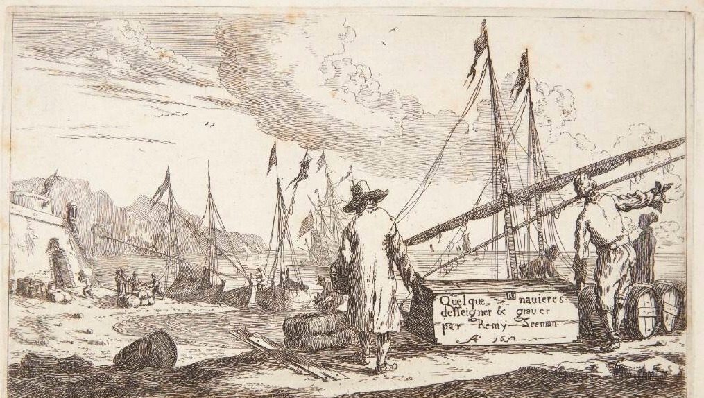 Havn ved middelhavet. Titelblad til "Forskellige sejlskibe" by Reinier Zeeman