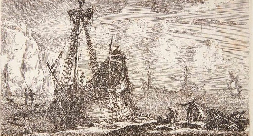 Sejlskib uden takkelage ved en kaj by Reinier Zeeman