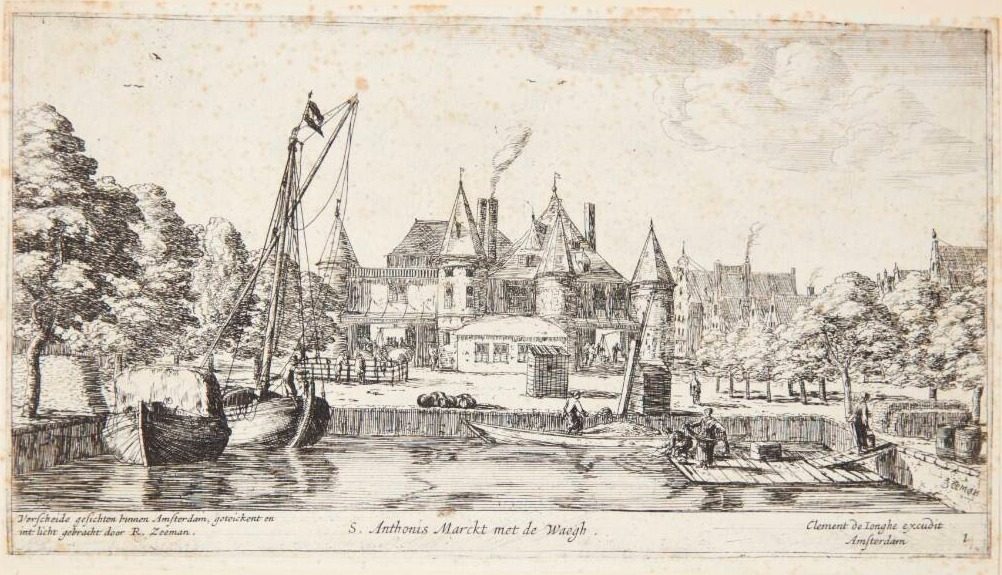 Sint Antoniesmarkt med vejerboden. Titelblad til "Udsigter i Amsterdam" by Reinier Zeeman