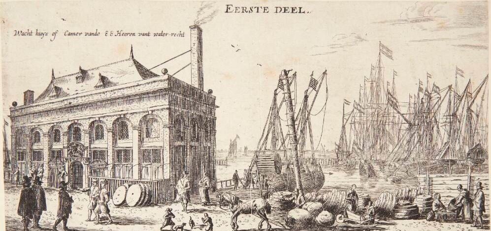 Amsterdams havn med vægterboden. Titelblad til "Forskellige skibe og udsigter fra Amsterdam" by Reinier Zeeman