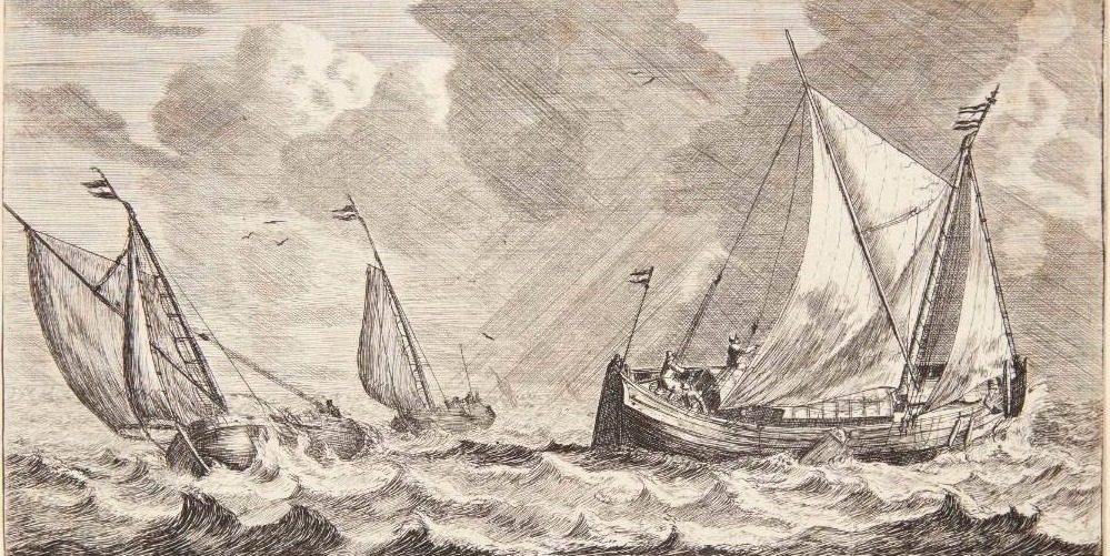 To skibe i oprørt hav. En "damschuit" og et "smalschip" by Reinier Zeeman