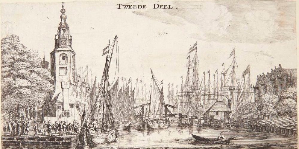 Udsigt mod Montelbaanstoren i Amsterdam. Titelblad til "Forskellige skibe og udsigter fra Amsterdam (II)" by Reinier Zeeman