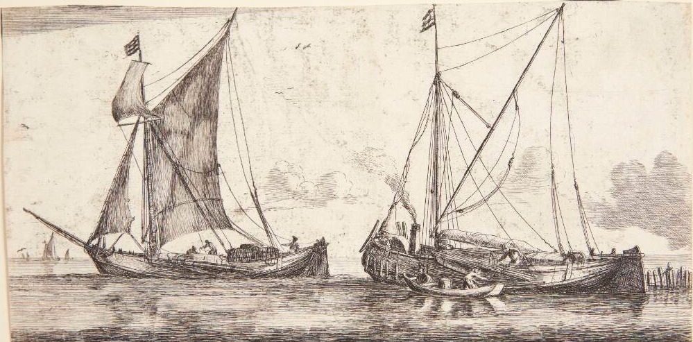 To både ved en bølgebryder. En kaag fra Frisienland og en kaag fra Gelderse by Reinier Zeeman