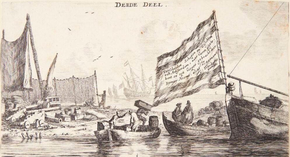 En landingsplads med fiskernet og kanoner. Titelblad til "Forskellige skibe og udsigter fra Amsterdam (III)" by Reinier Zeeman