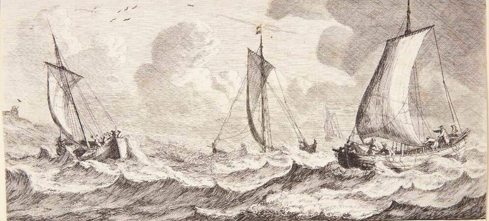 Rødspættepramme (scholschuiten) på havet by Reinier Zeeman