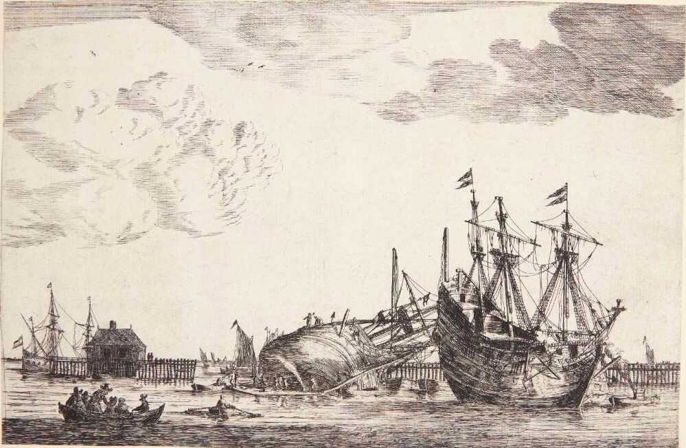 To skibe bag en bølgebryder, det ene kølhalet by Reinier Zeeman