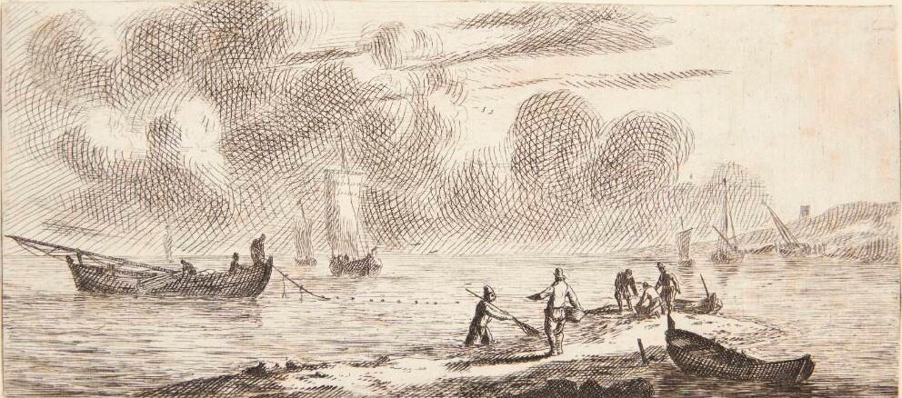 Kyst med fiskere på lavt vand by Reinier Zeeman