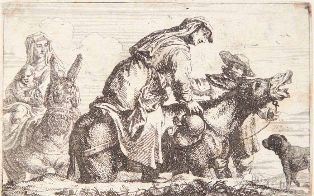 En kvinde, der stiger op på et æsel by Jan Baptist de Wael