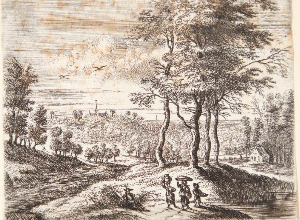 Skovlandskab med to kvinder og en dreng med kurve, t.v. en siddende mand by Lucas van Uden